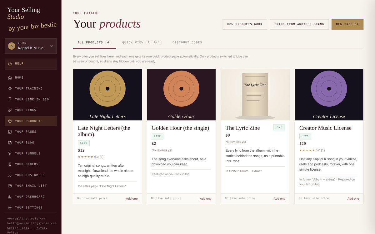 Example products list with prices and status