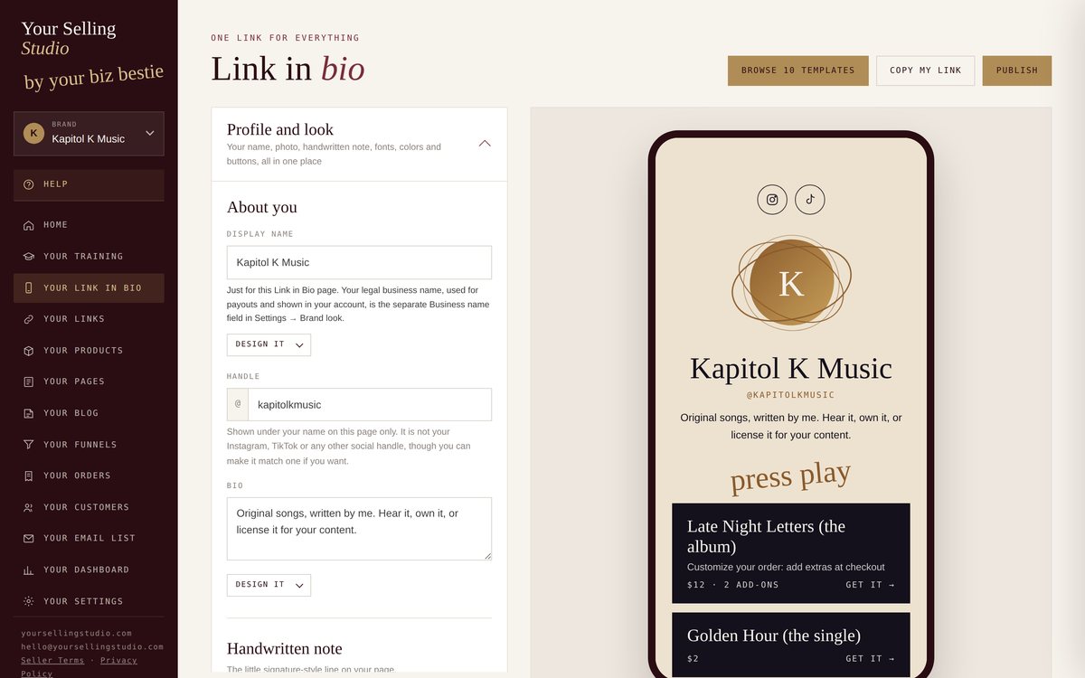 Example link-in-bio editor with a live phone preview