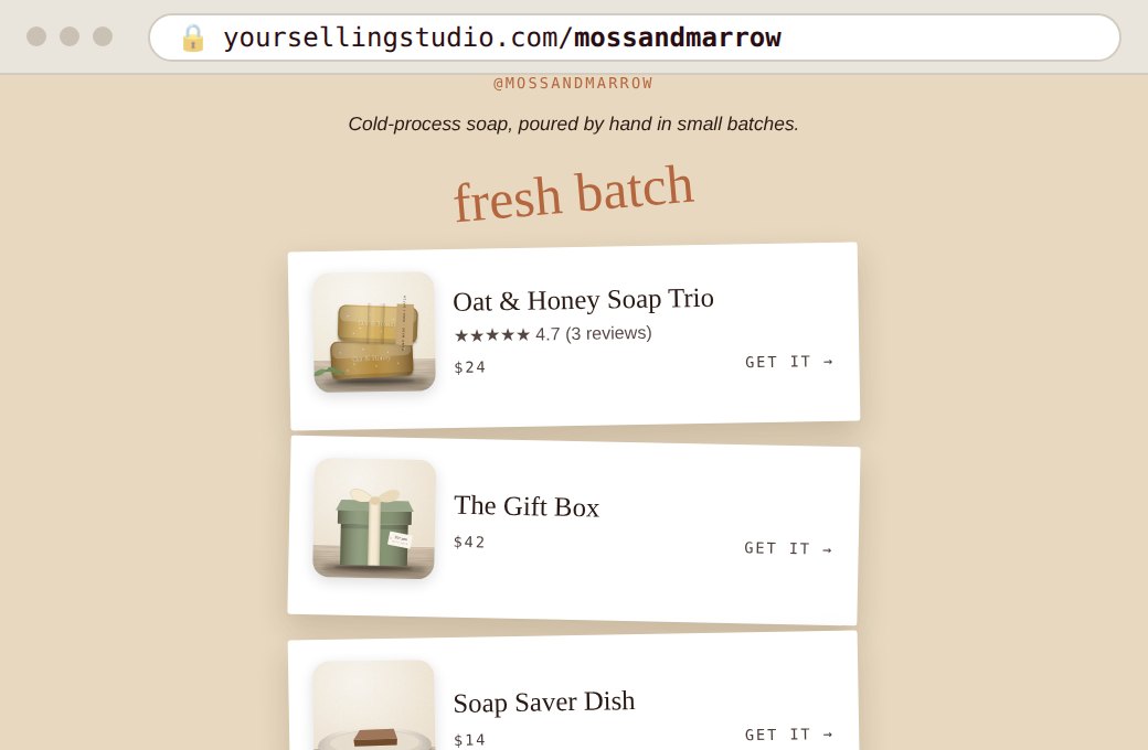Example: a soap shop's link in bio page at its own web address
