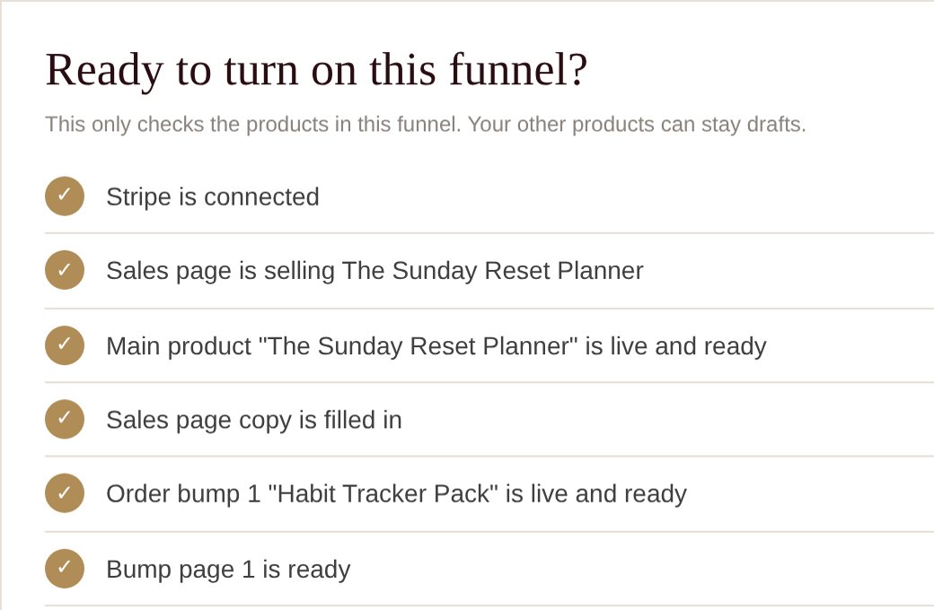 Example: a planner shop's funnel checklist with order bumps and an upsell