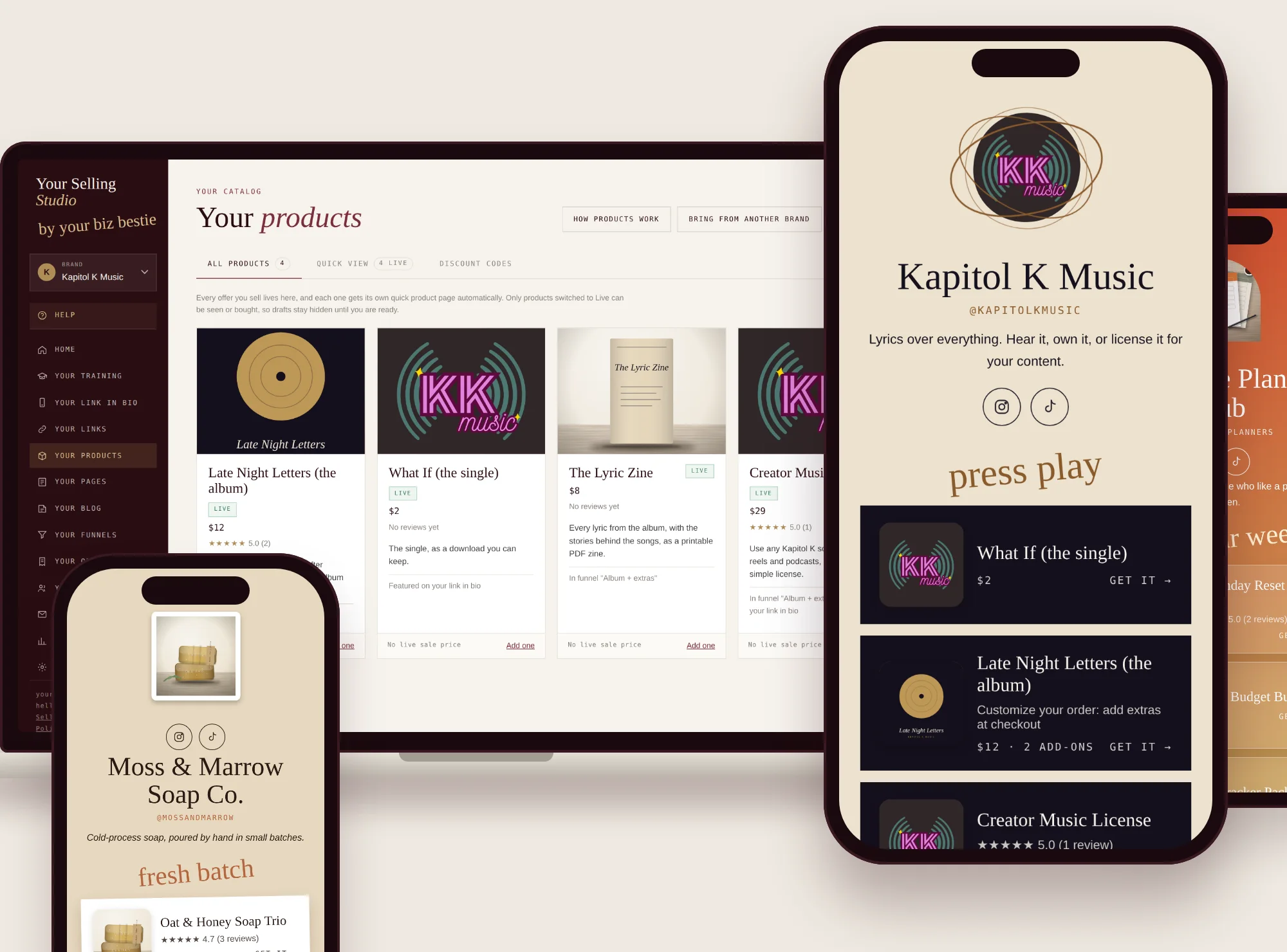 Your Selling Studio on a laptop showing the Kapitol K Music product catalog, beside three example link in bio pages on phones