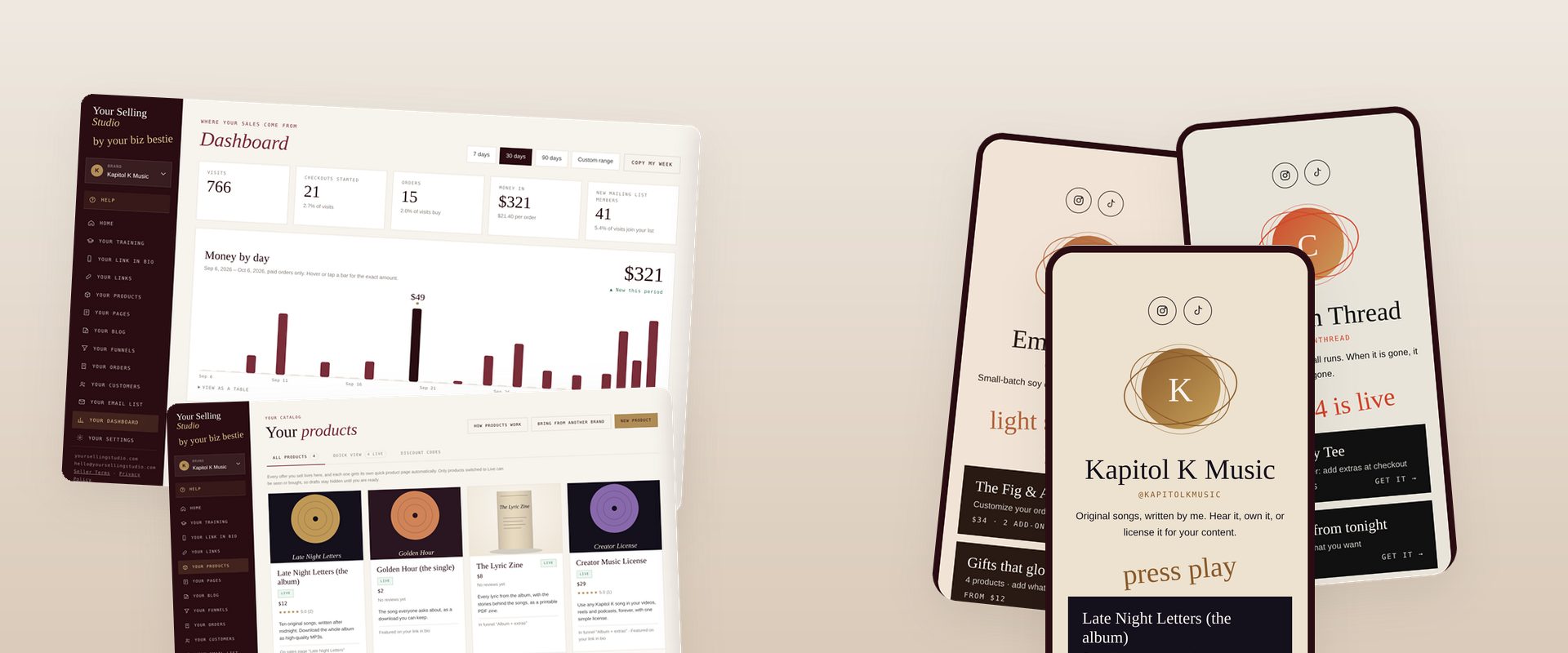 Example studio dashboard and products beside three example phone pages